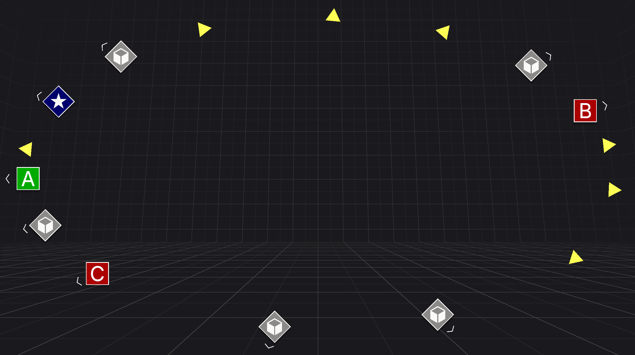 A screenshot from the sample's "Multiple Target Indicator Categories Demo" scene showing what target indicators are.